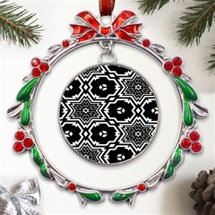 Black And White Pattern Background Structure Metal X mas Wreath Ribbon Ornament by Pakjumat