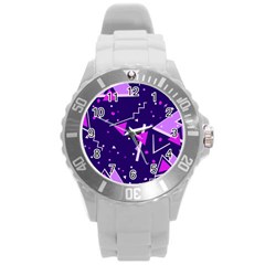 Purple Blue Geometric Pattern Round Plastic Sport Watch (l) by Pakjumat