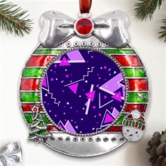 Purple Blue Geometric Pattern Metal X mas Ribbon With Red Crystal Round Ornament by Pakjumat