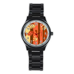 Amber Yellow Stripes Leaves Floral Stainless Steel Round Watch by Pakjumat