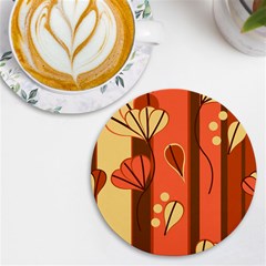 Amber Yellow Stripes Leaves Floral Uv Print Round Tile Coaster by Pakjumat