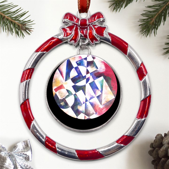 Abstract Art Work 1 Metal Red Ribbon Round Ornament