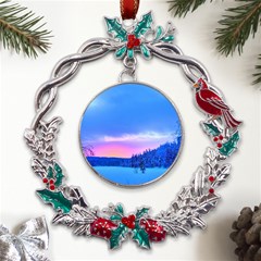 Winter Landscape Snow Forest Trees Metal X mas Wreath Holly Leaf Ornament