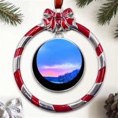 Winter Landscape Snow Forest Trees Metal Red Ribbon Round Ornament