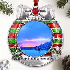 Winter Landscape Snow Forest Trees Metal X mas Ribbon With Red Crystal Round Ornament