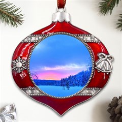 Winter Landscape Snow Forest Trees Metal Snowflake And Bell Red Ornament