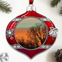 Twilight Sunset Sky Evening Clouds Metal Snowflake And Bell Red Ornament