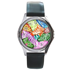 Zebra Colorful Abstract Collage Round Metal Watch by Amaryn4rt