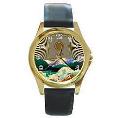 Surreal Art Psychadelic Mountain Round Gold Metal Watch