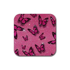 Pink Glitter Butterfly Rubber Coaster (square) by Modalart