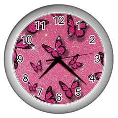 Pink Glitter Butterfly Wall Clock (silver) by Modalart