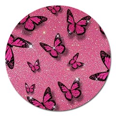 Pink Glitter Butterfly Magnet 5  (round) by Modalart