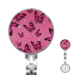 Pink Glitter Butterfly Stainless Steel Nurses Watch by Modalart