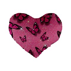 Pink Glitter Butterfly Standard 16  Premium Flano Heart Shape Cushions by Modalart