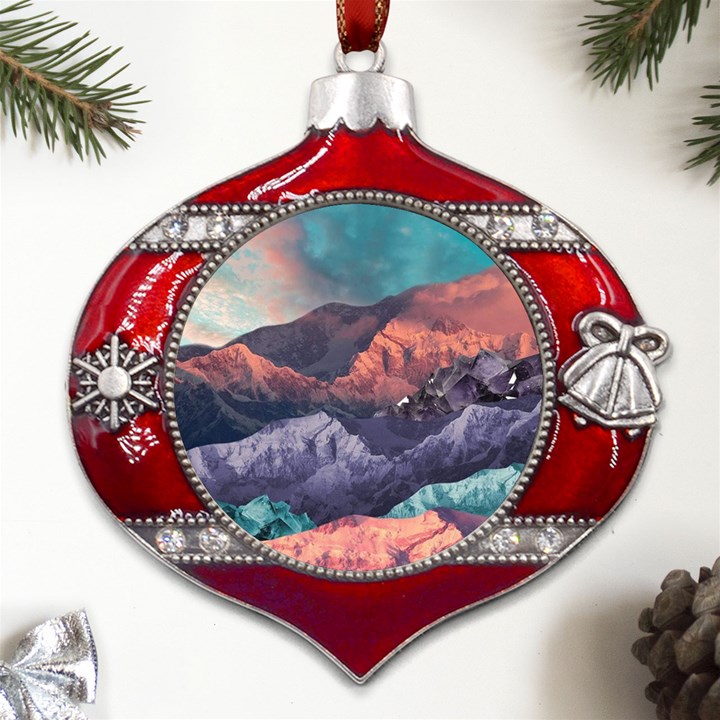 Adventure Psychedelic Mountain Metal Snowflake And Bell Red Ornament