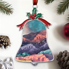 Adventure Psychedelic Mountain Metal Holly Leaf Bell Ornament by Modalart