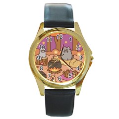 Pusheen Cute Fall The Cat Round Gold Metal Watch by Modalart