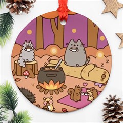 Pusheen Cute Fall The Cat Round Ornament (two Sides)