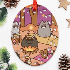 Pusheen Cute Fall The Cat Oval Filigree Ornament (two Sides)