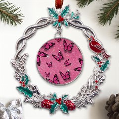 Pink Glitter Butterfly Metal X mas Wreath Holly Leaf Ornament