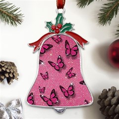 Pink Glitter Butterfly Metal Holly Leaf Bell Ornament