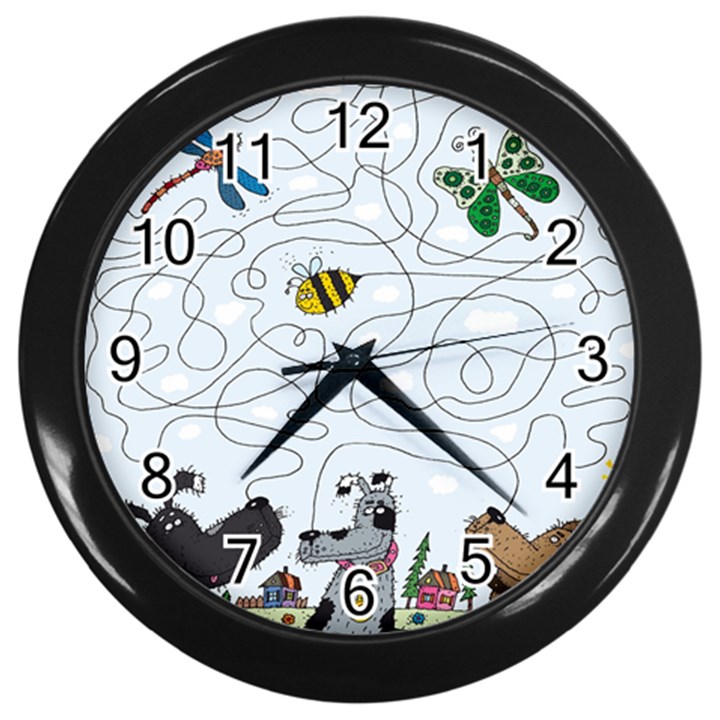 Dog Puzzle Maze Bee Butterfly Wall Clock (Black)