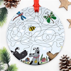 Dog Puzzle Maze Bee Butterfly Round Ornament (two Sides)