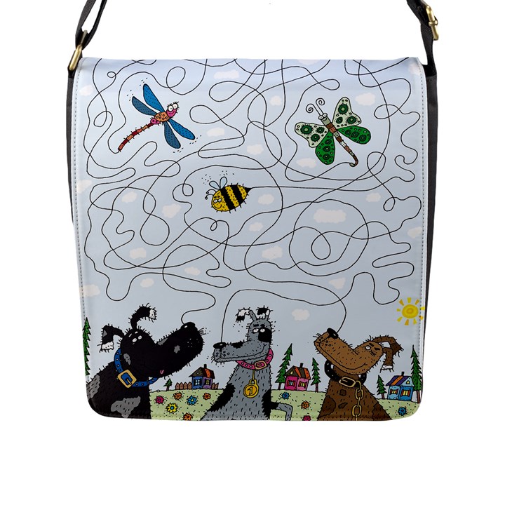 Dog Puzzle Maze Bee Butterfly Flap Closure Messenger Bag (L)