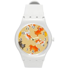 Gold Fish Seamless Pattern Background Round Plastic Sport Watch (m)