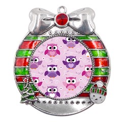 Seamless Cute Colourfull Owl Kids Pattern Metal X mas Ribbon With Red Crystal Round Ornament by Bedest