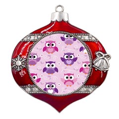 Seamless Cute Colourfull Owl Kids Pattern Metal Snowflake And Bell Red Ornament by Bedest