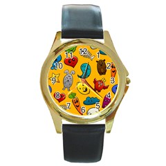 Graffiti Characters Seamless Ornament Round Gold Metal Watch by Bedest