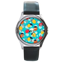 Pop Art Style Citrus Seamless Pattern Round Metal Watch by Bedest