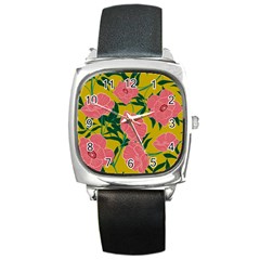 Pink Flower Seamless Pattern Square Metal Watch by Bedest