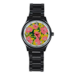 Pink Flower Seamless Pattern Stainless Steel Round Watch by Bedest