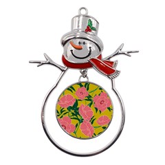 Pink Flower Seamless Pattern Metal Snowman Ornament by Bedest