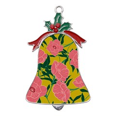 Pink Flower Seamless Pattern Metal Holly Leaf Bell Ornament by Bedest