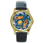 Missile Pattern Round Gold Metal Watch Front