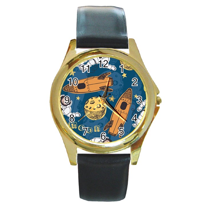 Missile Pattern Round Gold Metal Watch