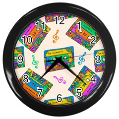 Seamless Pattern With Colorful Cassettes Hippie Style Doodle Musical Texture Wrapping Fabric Vector Wall Clock (black) by Bedest