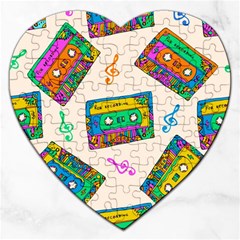 Seamless Pattern With Colorful Cassettes Hippie Style Doodle Musical Texture Wrapping Fabric Vector Jigsaw Puzzle (heart) by Bedest