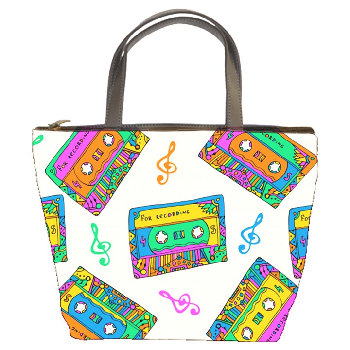 Seamless Pattern With Colorful Cassettes Hippie Style Doodle Musical Texture Wrapping Fabric Vector Bucket Bag