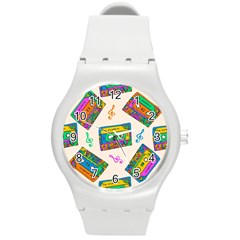 Seamless Pattern With Colorful Cassettes Hippie Style Doodle Musical Texture Wrapping Fabric Vector Round Plastic Sport Watch (m)