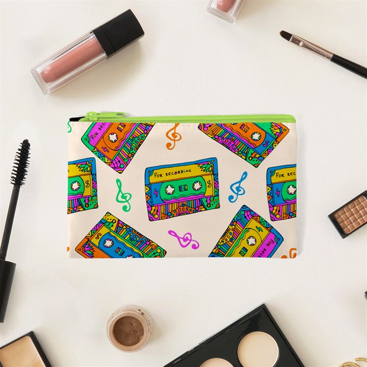 Seamless Pattern With Colorful Cassettes Hippie Style Doodle Musical Texture Wrapping Fabric Vector Cosmetic Bag (XS)