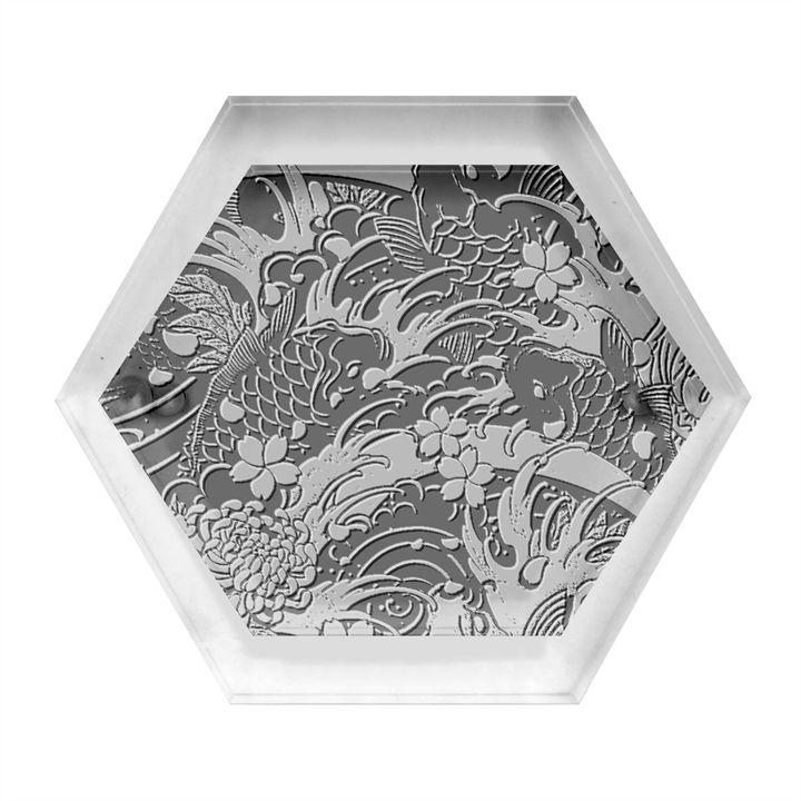 Japanese Wave Koi Illustration Seamless Pattern Hexagon Wood Jewelry Box