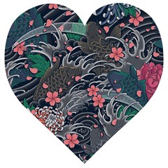 Japanese Wave Koi Illustration Seamless Pattern Wooden Puzzle Heart