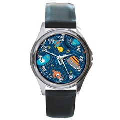 Seamless Pattern Vector Submarine With Sea Animals Cartoon Round Metal Watch by Bedest