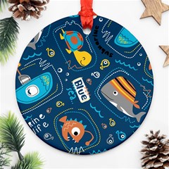 Seamless Pattern Vector Submarine With Sea Animals Cartoon Ornament (Round)