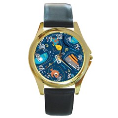 Seamless Pattern Vector Submarine With Sea Animals Cartoon Round Gold Metal Watch