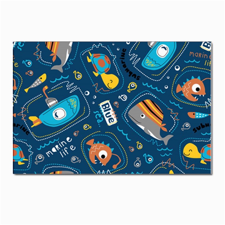 Seamless Pattern Vector Submarine With Sea Animals Cartoon Postcard 4 x 6  (Pkg of 10)